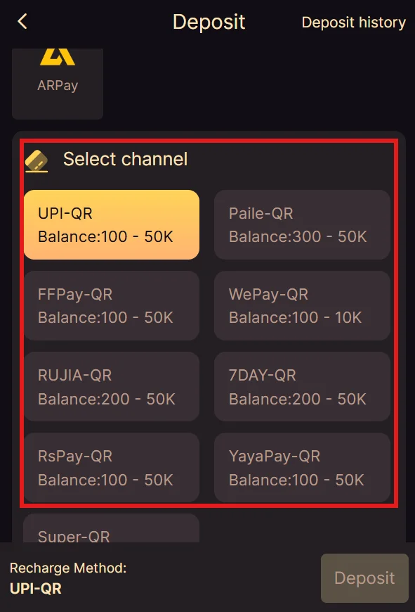 An image from the Deposit page with a box highlighting the Deposit channels.